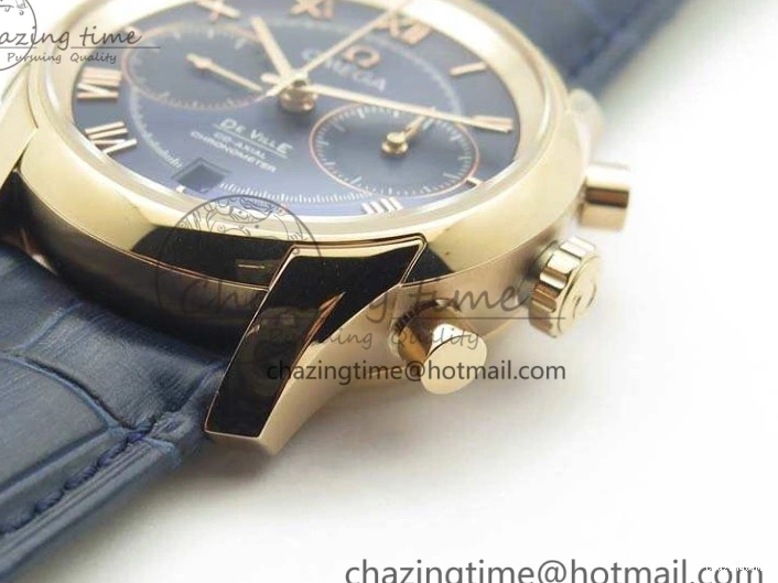 0128 QuickDry De Ville Chronograph RG OMF 1:1 Best Edition Blue Dial On Blue Leather Strap A 8107